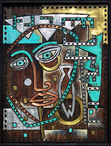 Mark Dimock nz abstract art, Hardwood Muse, inlaid copper, brass, aluminium